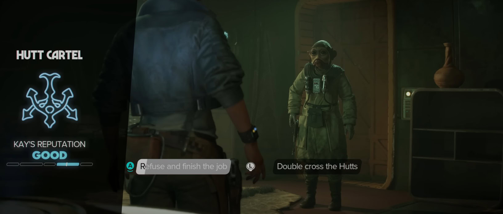 Star Wars Outlaws choose who to betray: a moment from a mission in the game