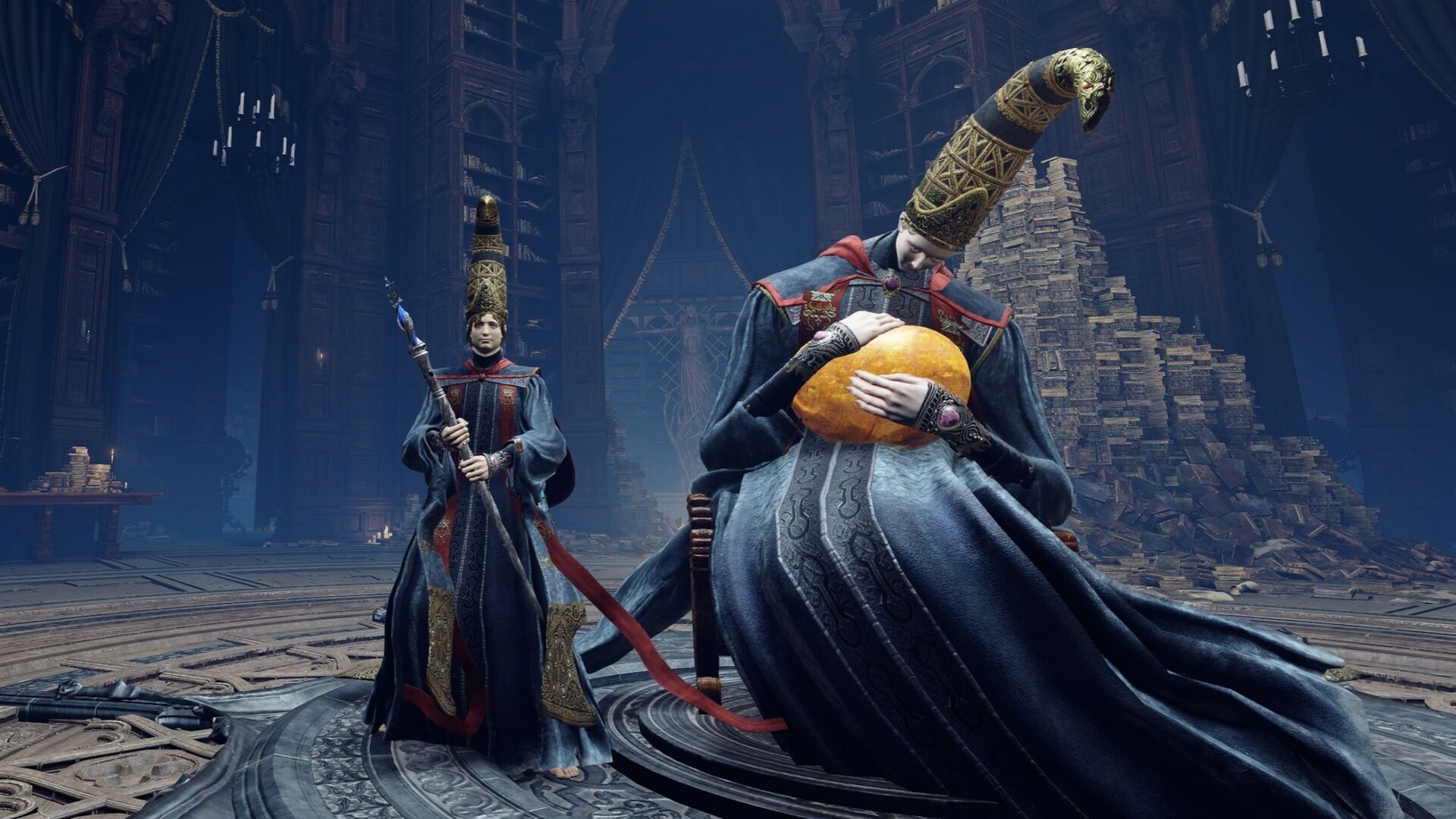 Rennala sitting in the middle of her library at the Academy of Raya Lucaria