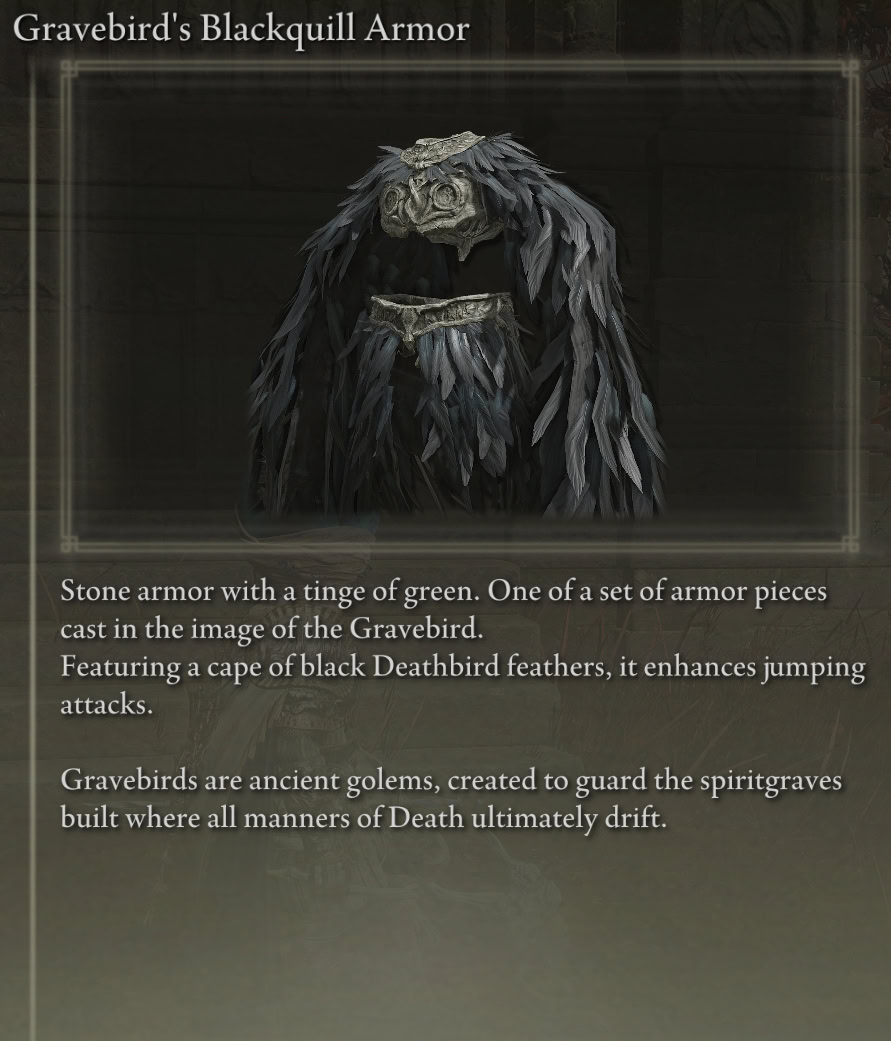 Gravebird's Blackquill Armor - Item Description and Lore from Elden Ring