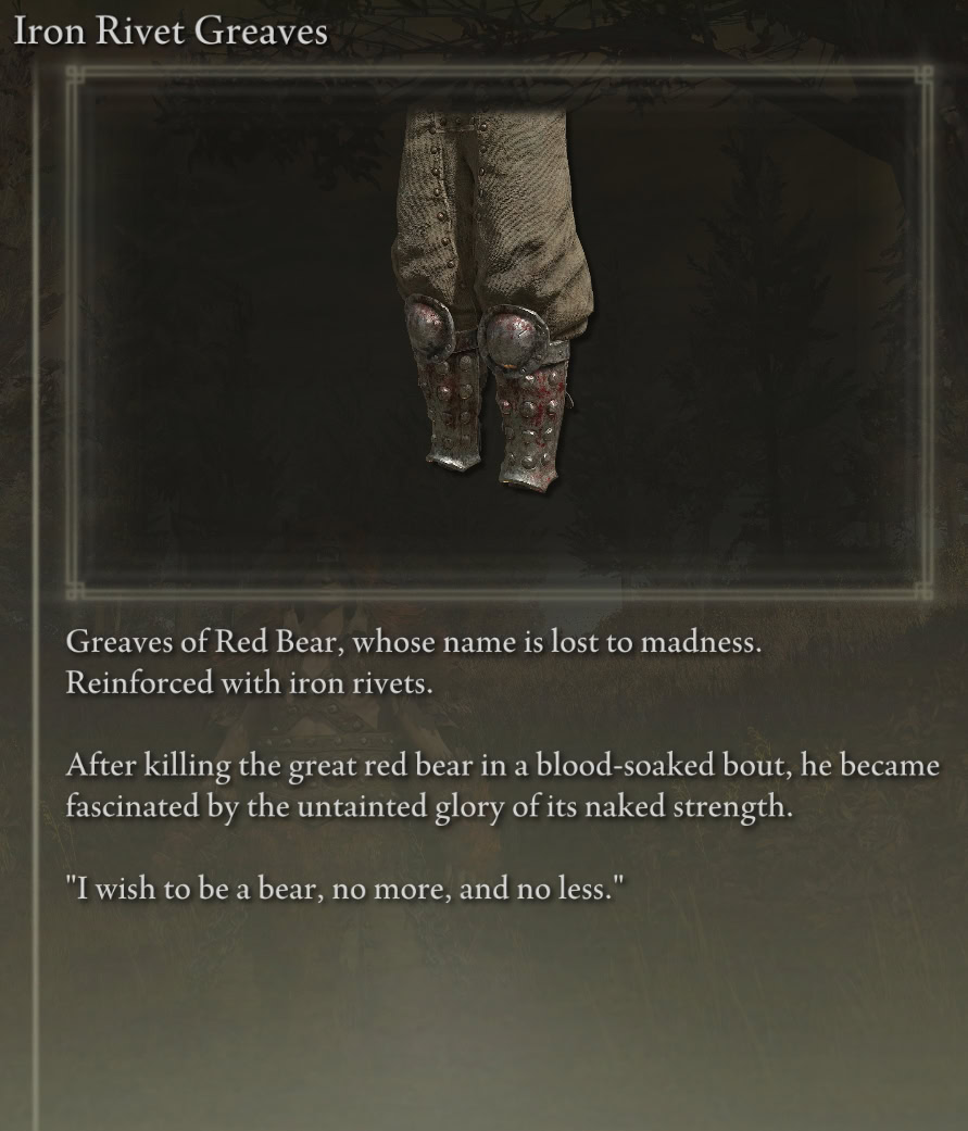 Iron Rivet Greaves Description (Red Bear armor)