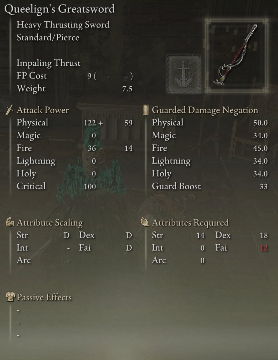 Queelign's Greatsword stats
