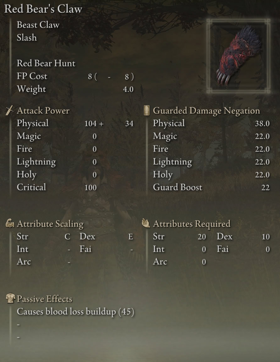 Red Bear's Claw Stats