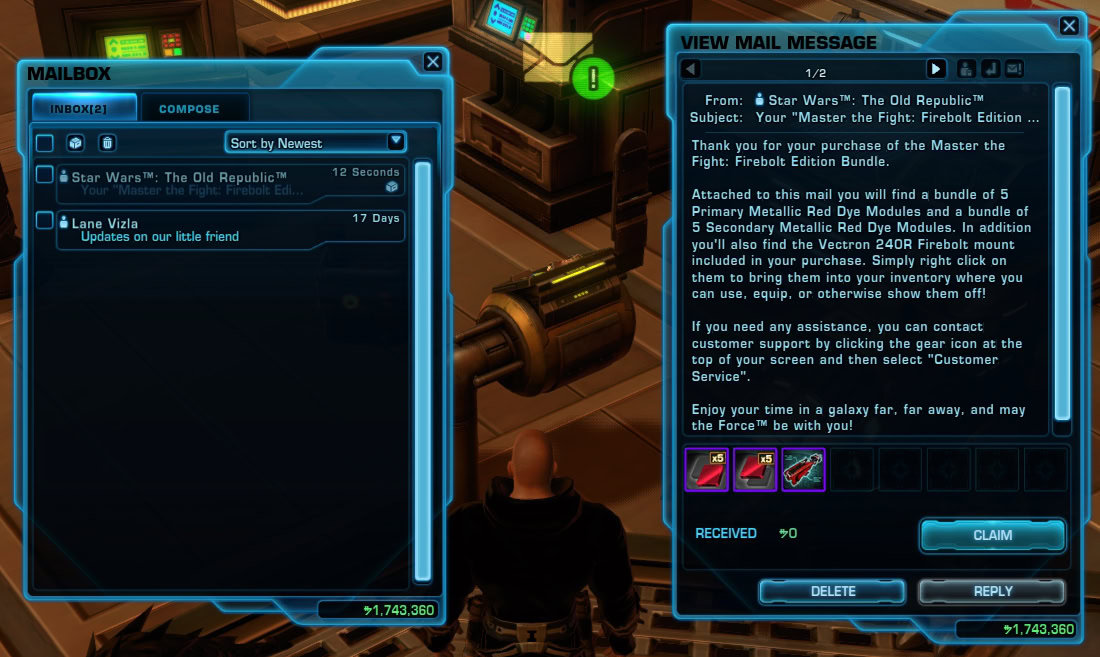 SWTOR Firebolt Edition Bundle mail contents