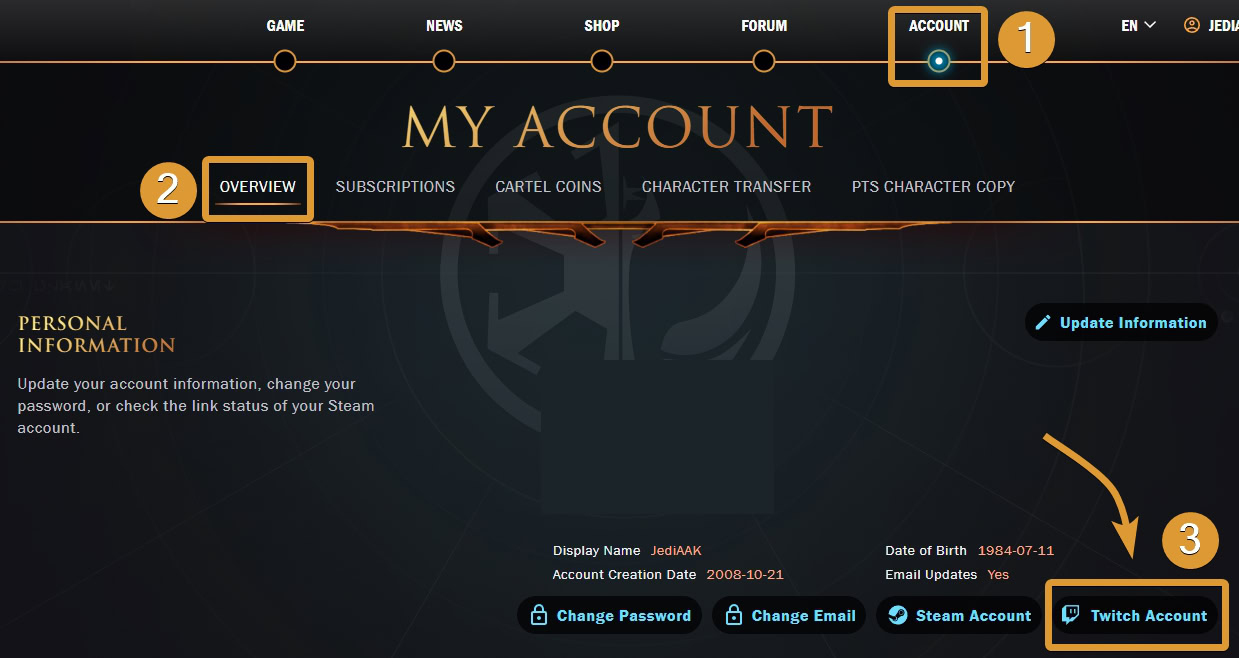 SWTOR Link to Twitch Account Guide Account Page Twitch Button