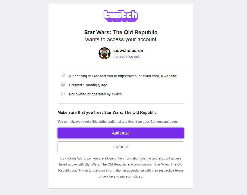 SWTOR Link to Twitch Account Guide Twitch Authorization