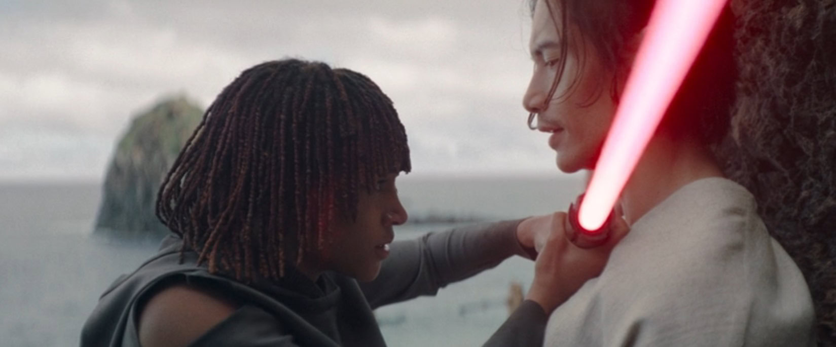 Osha puts the red lightsaber at Qimir's throat in Star Wars The Acolyte Episode 6