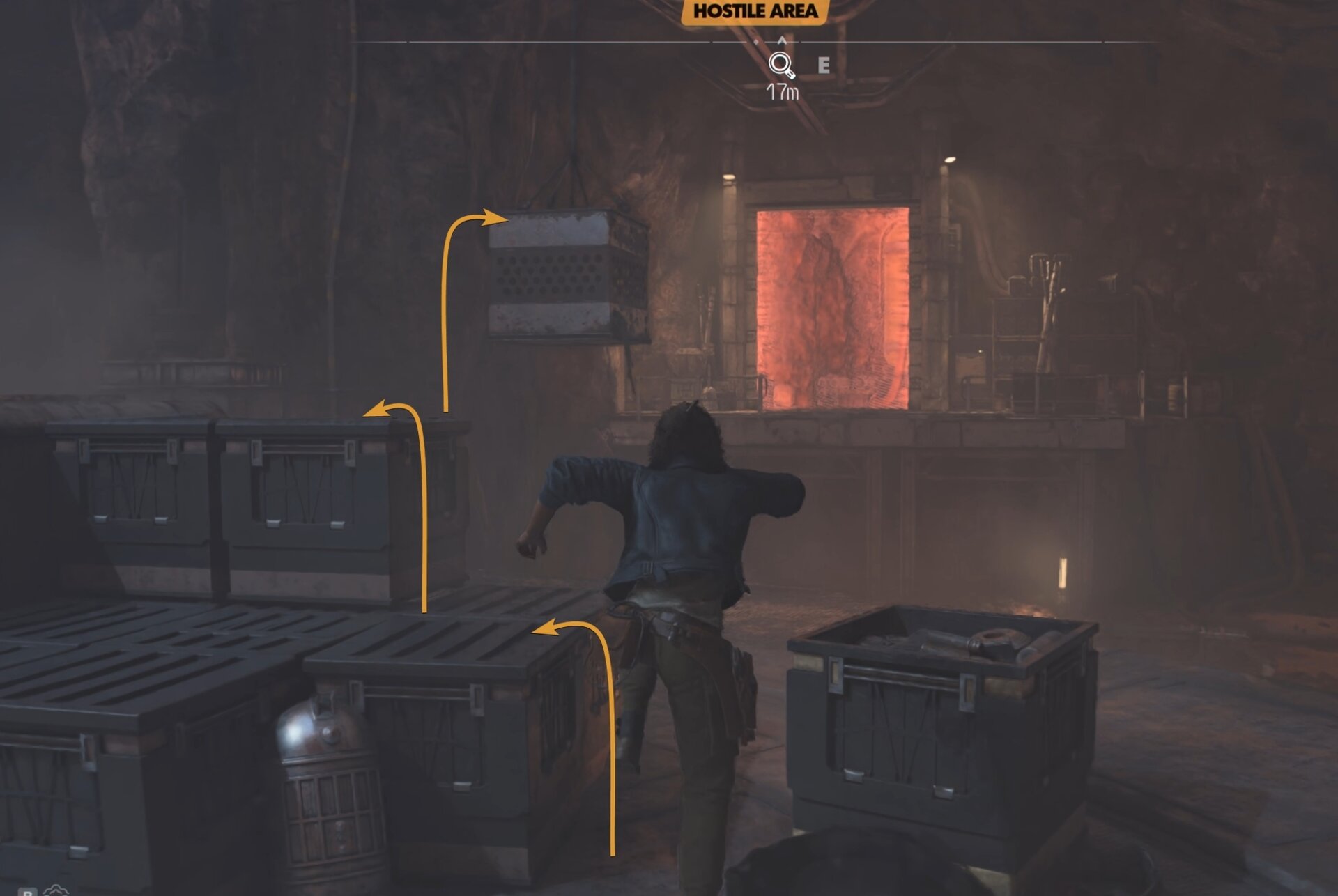 Jump and hang from the crate