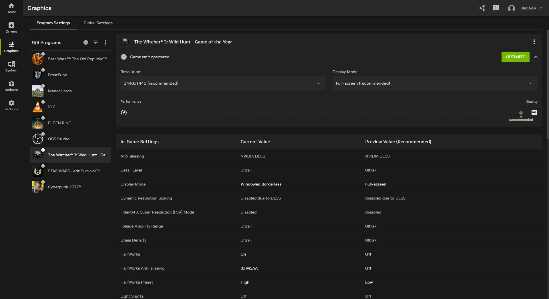 The Witcher 3 Nvidia App Graphics Optimization Tool