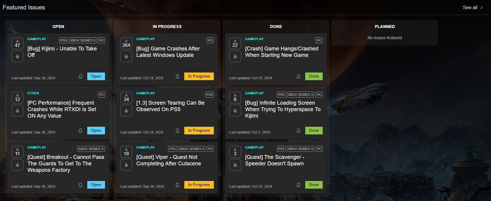 Bug Reporter website for Star Wars Outlaws