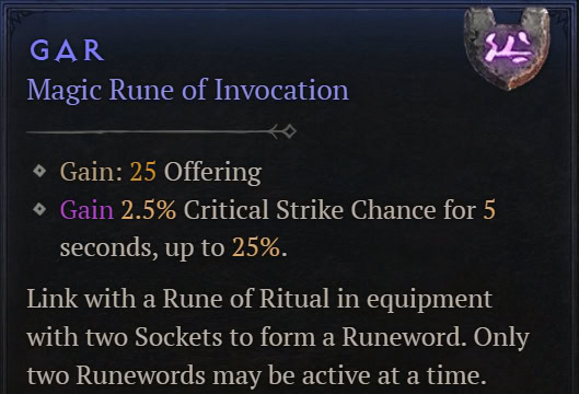 Gar - Magic Rune of Invocation - item description from Diablo IV Vessel of Hatred