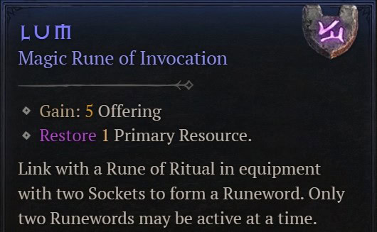 Lum - Magic Rune of Invocation - item description from Diablo IV Vessel of Hatred