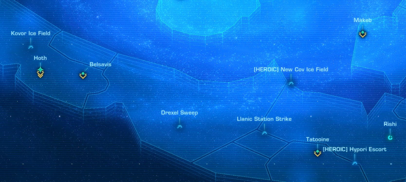 Galactic Map with new icons showing potential Dynamic Encounters available on Hoth, Belsavis and Tatooine in SWTOR 7.6