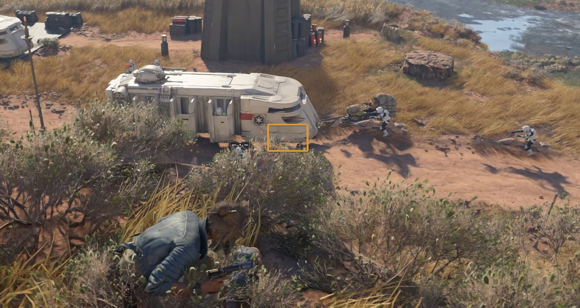 Speeder causing issues in front of an Imperial Tower on Toshara in Update 1.3