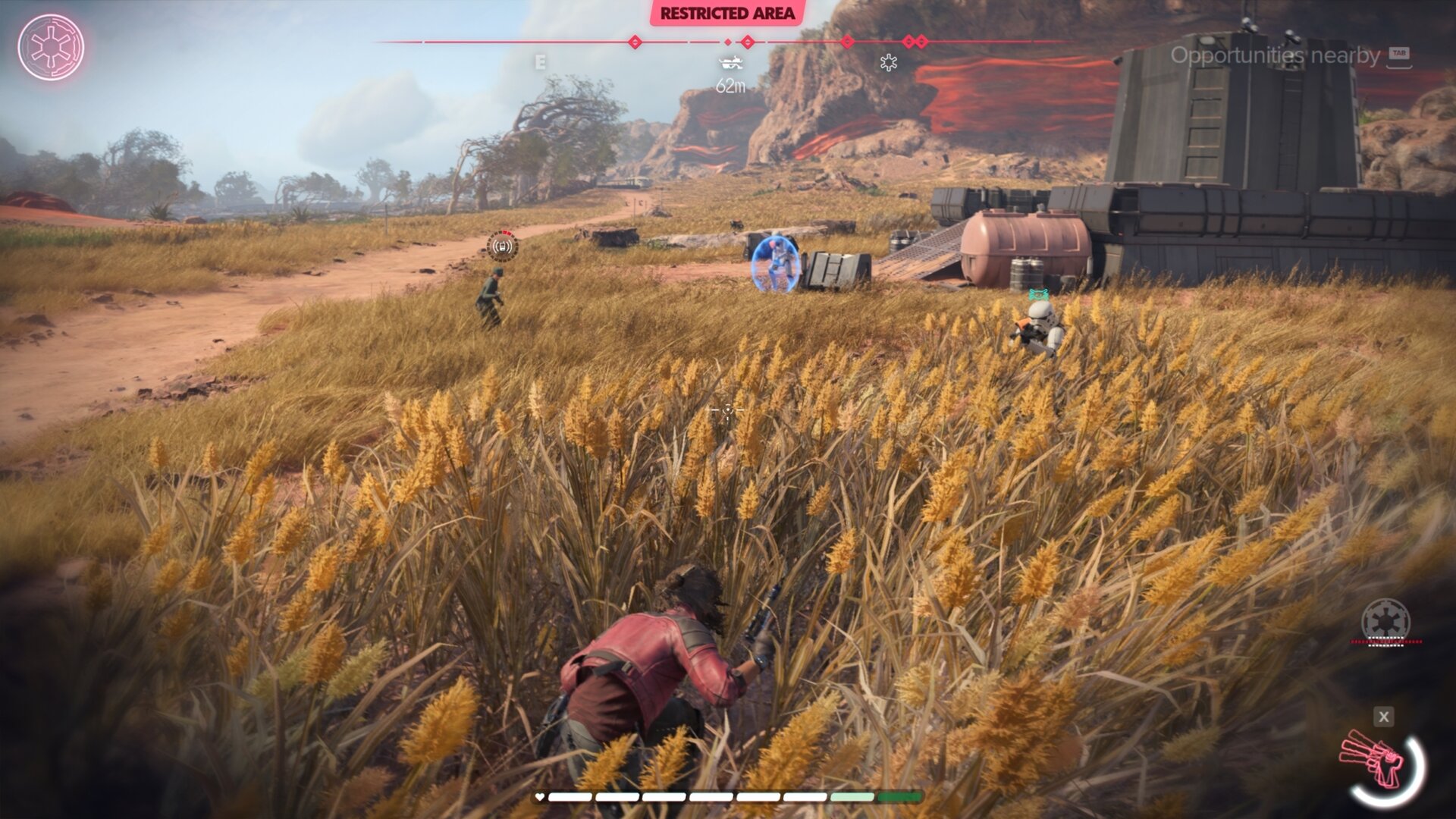 Kay hiding in the tall grass from Imperial troopers