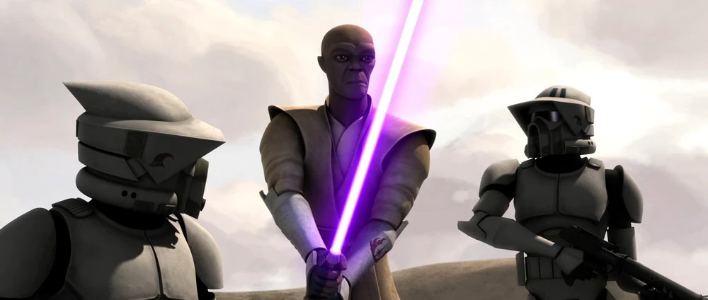 Mace Windu with clone troopers in a scene from Tales of the Jedi