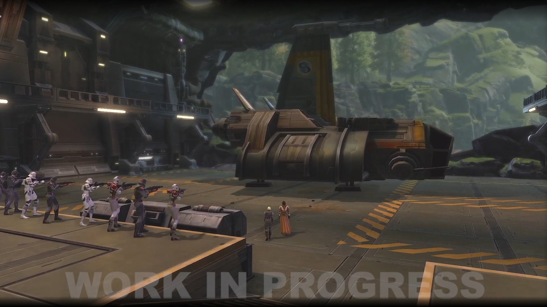 7.6 Trailer Still, showing the landing pad interior on Odessen with Lana and the main character walking towards the ship