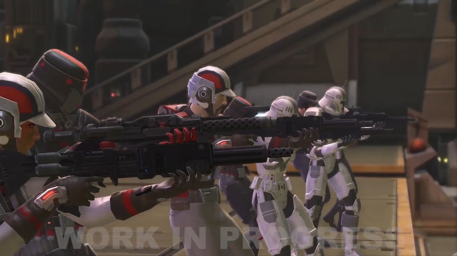 A still shot from the SWTOR 7.6 trailer showing troopers aiming their guns at something off-screen