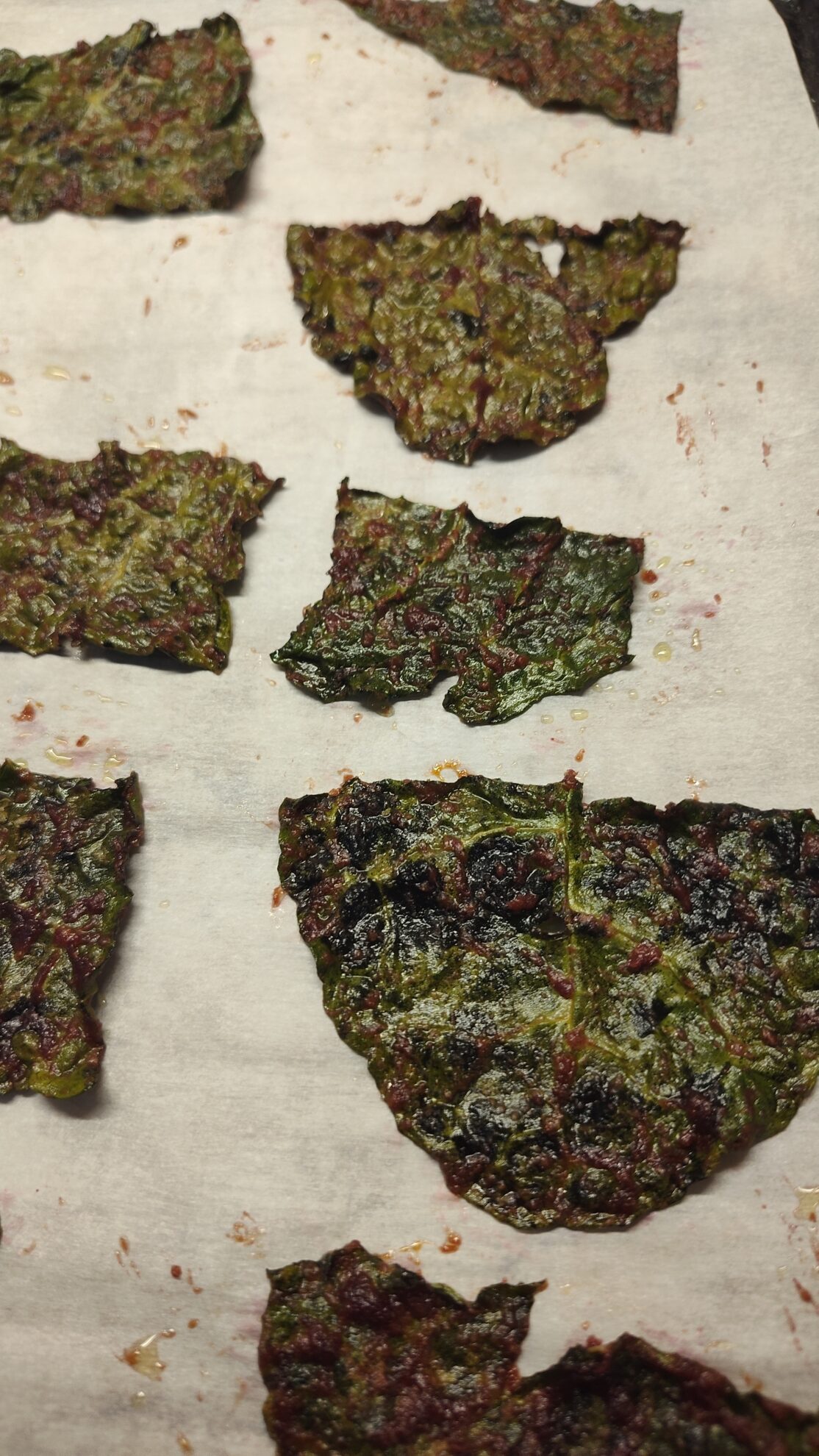 Wet Kale Chips on Sheet, after cooking