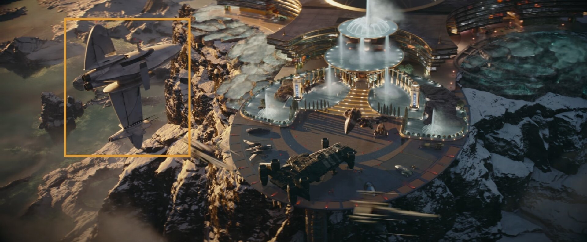 An overlook of a location that reminds us of Canto Bight with a large light-colored space yacht that resembles the shape and style of Crimson Dawn's ships
