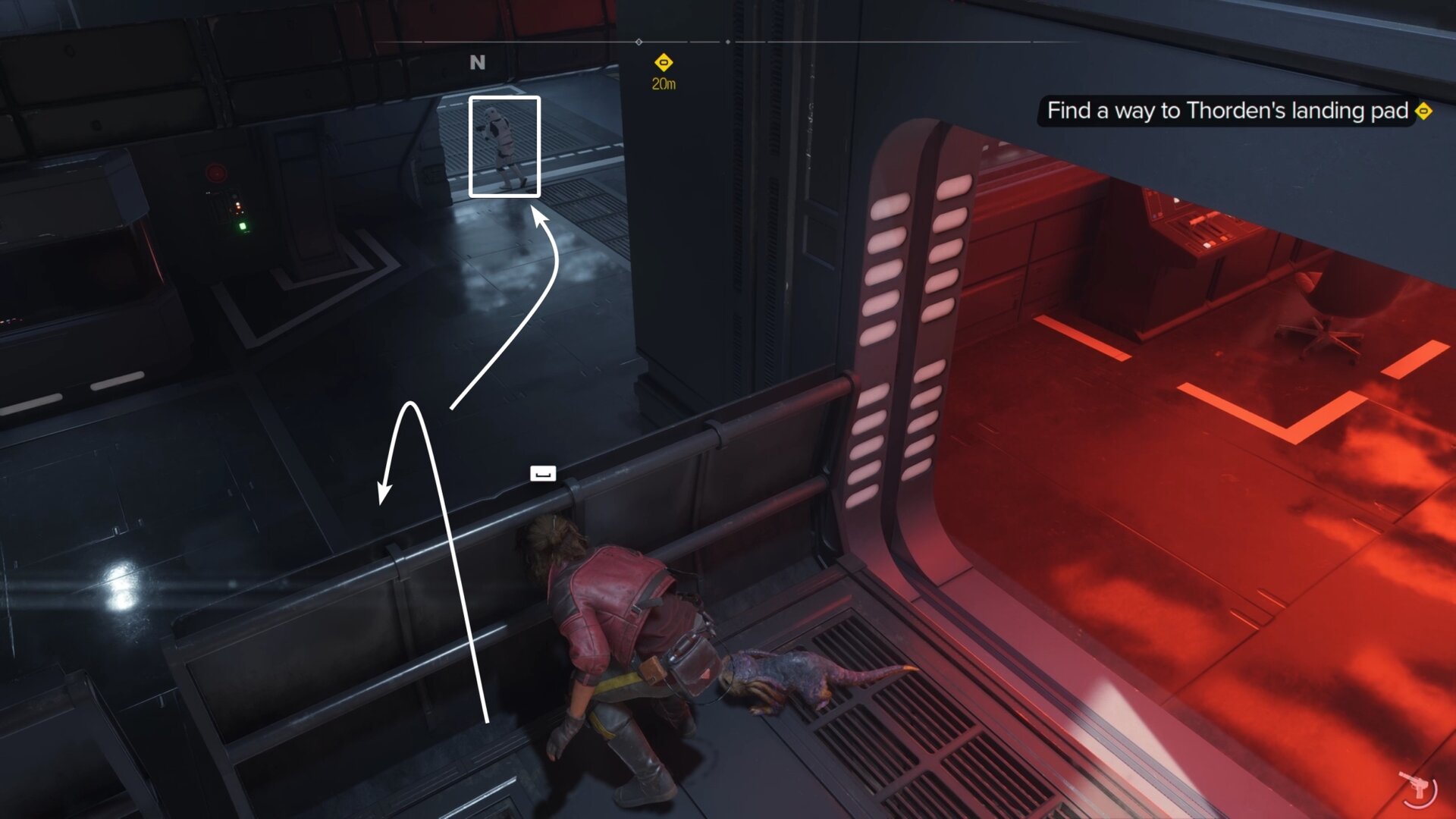 Jump down walkway, control room spaceport