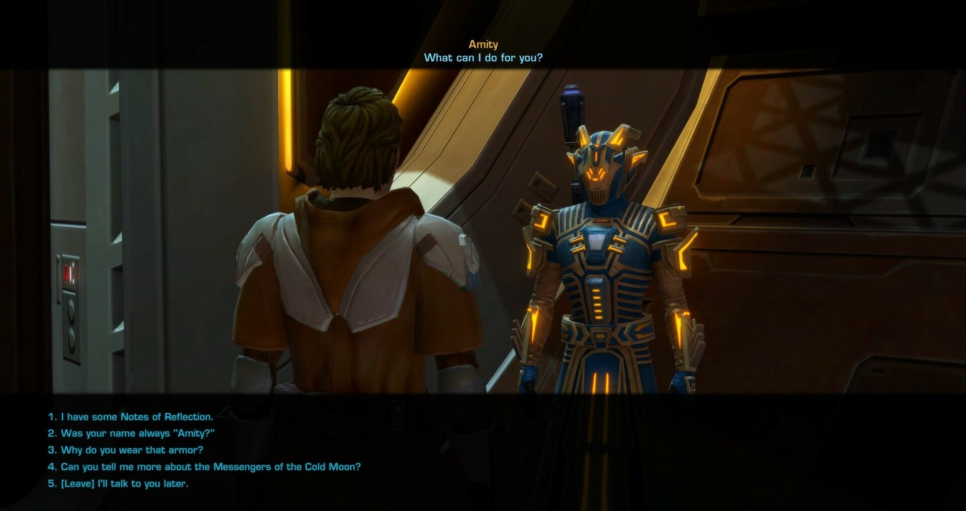 The main character is talking to Amity, shot from a KOTOR-style cutscene in SWTOR