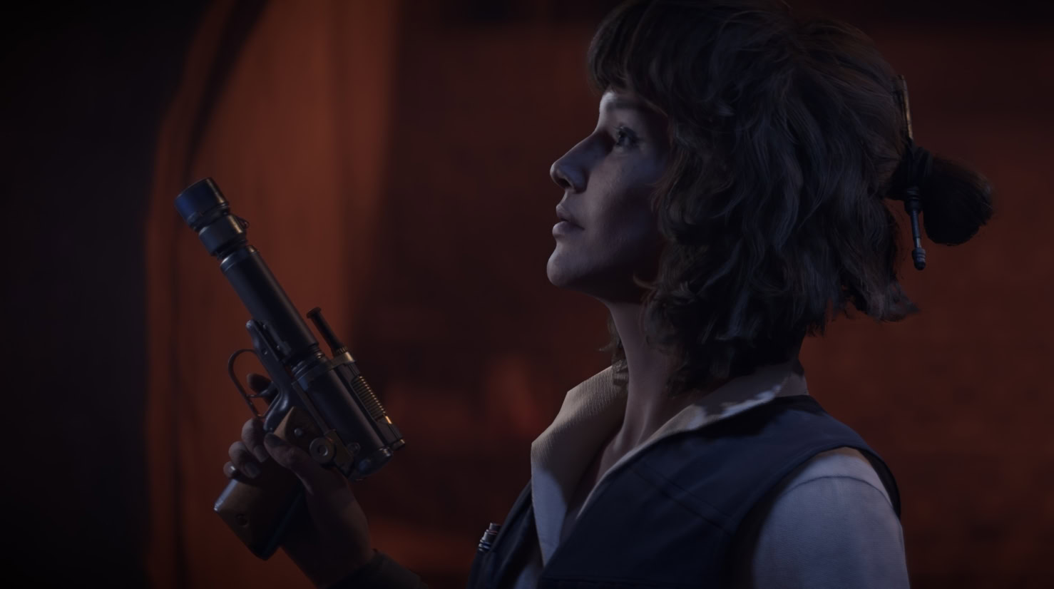 Profile of Kay Vess holding her blaster pistol high in front of her face