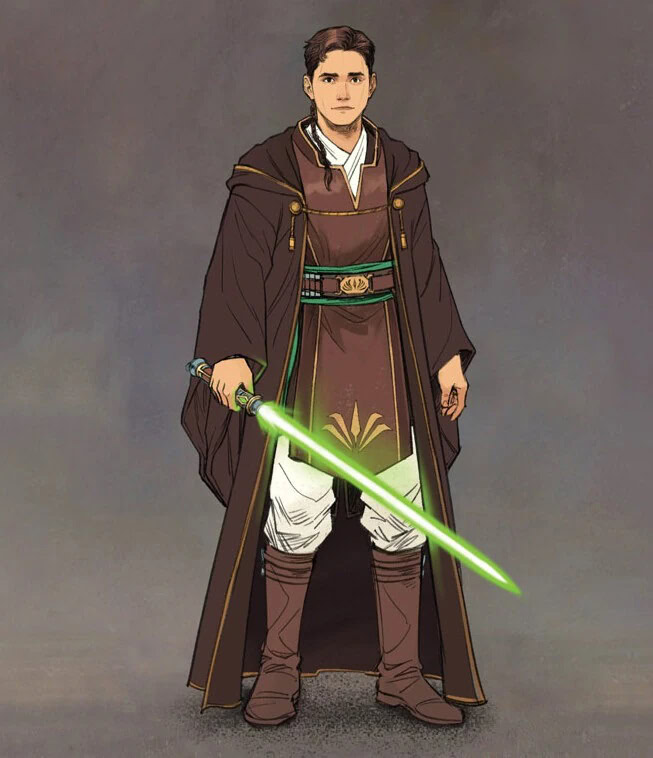 Reath Silas Concept Art: the young jedi knight is standing still with a drawn out green lightsaber in his right hand