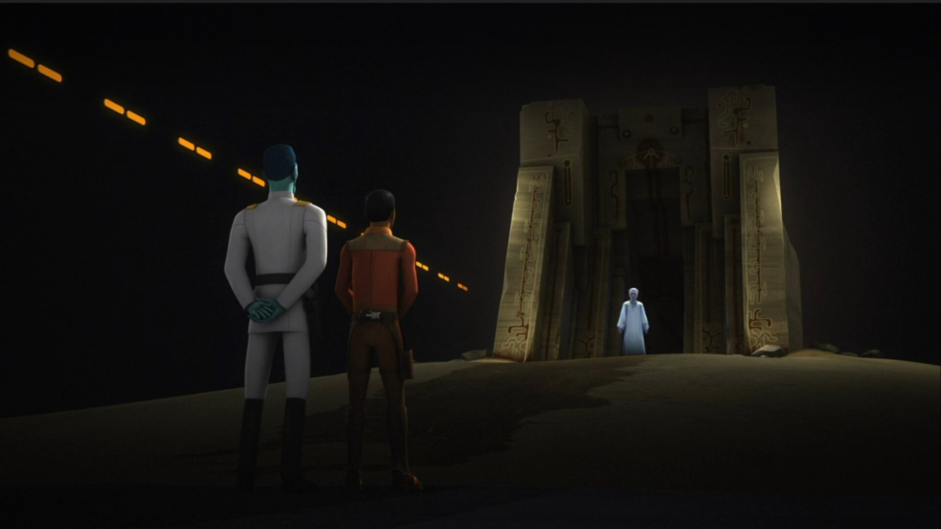 A scene from Star Wars Rebels on Lothal depicting Palpatine, Grand Admiral Thrawn and Ezra