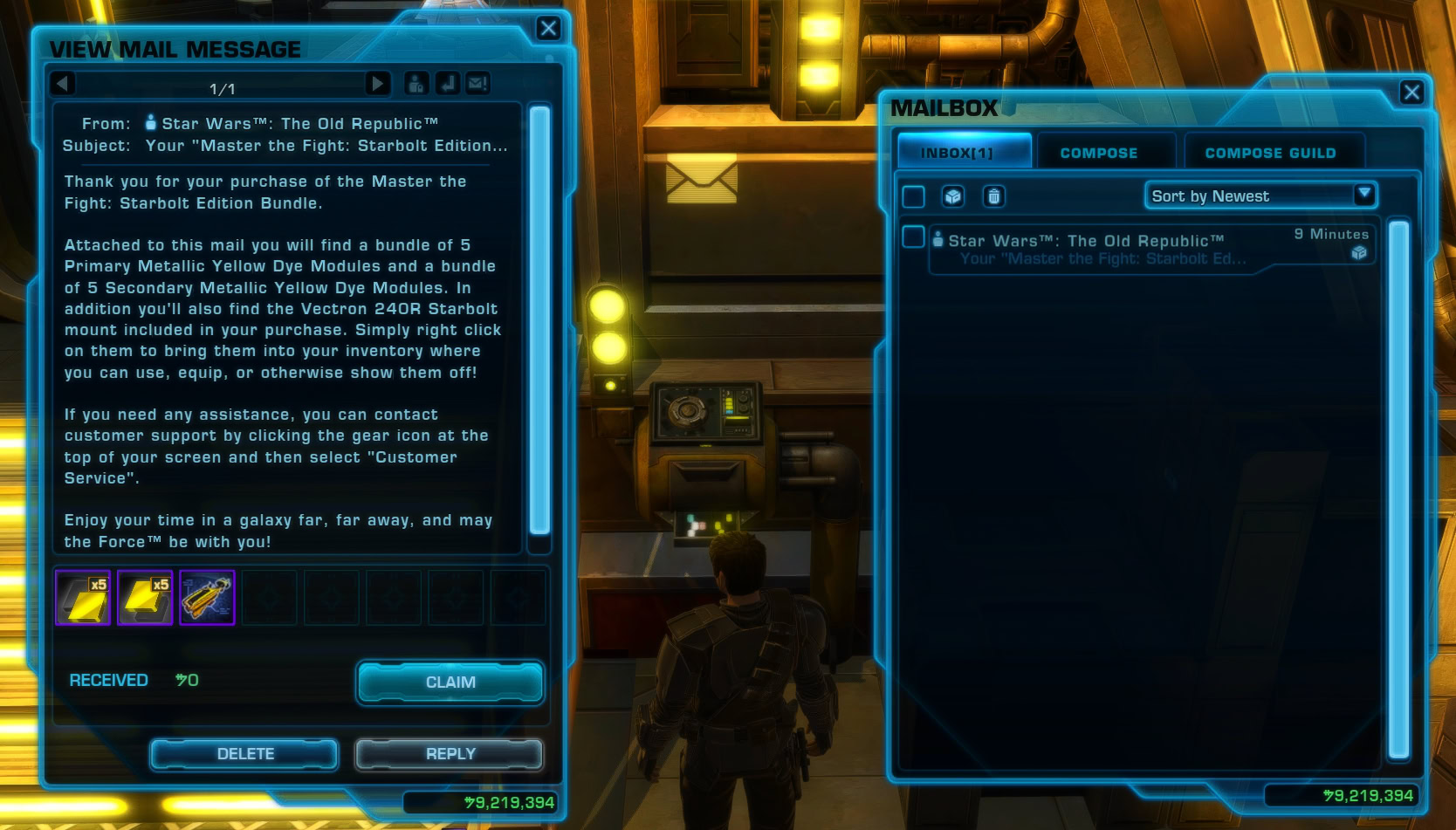SWTOR in-game email confirming your purchase of the Starbold Bundle and the package's digital goodies.