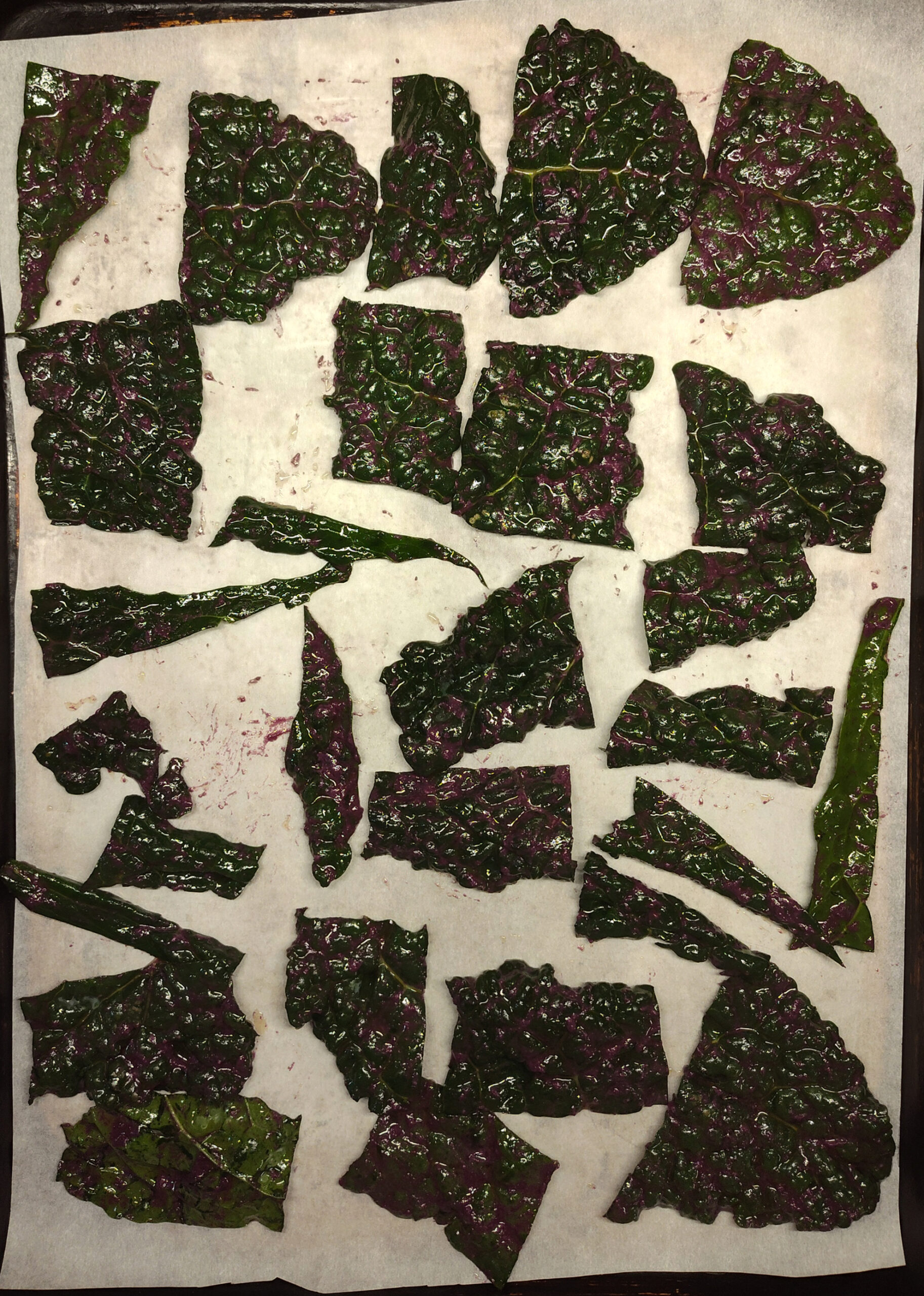 Wet Kale Chips on Sheet, before cooking