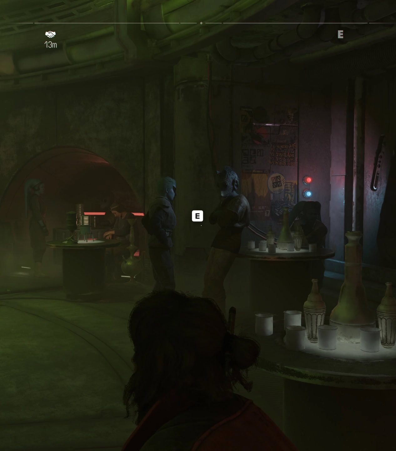 Kay looks to her right while sitting in the cantina and focuses in on the Pantoran woman talking to the Rodian.