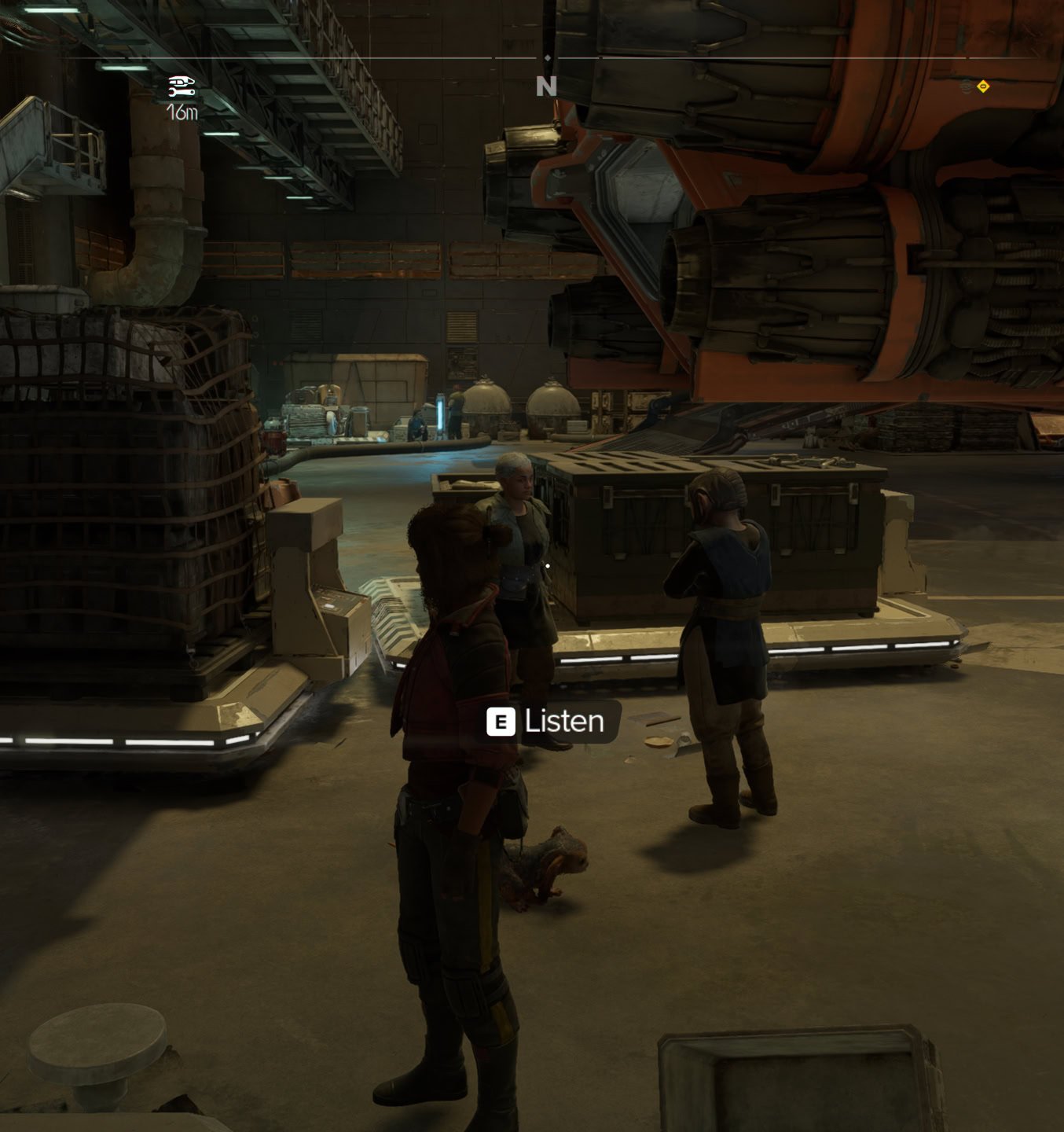 Kay listens in to the two NPCs talking at the south end