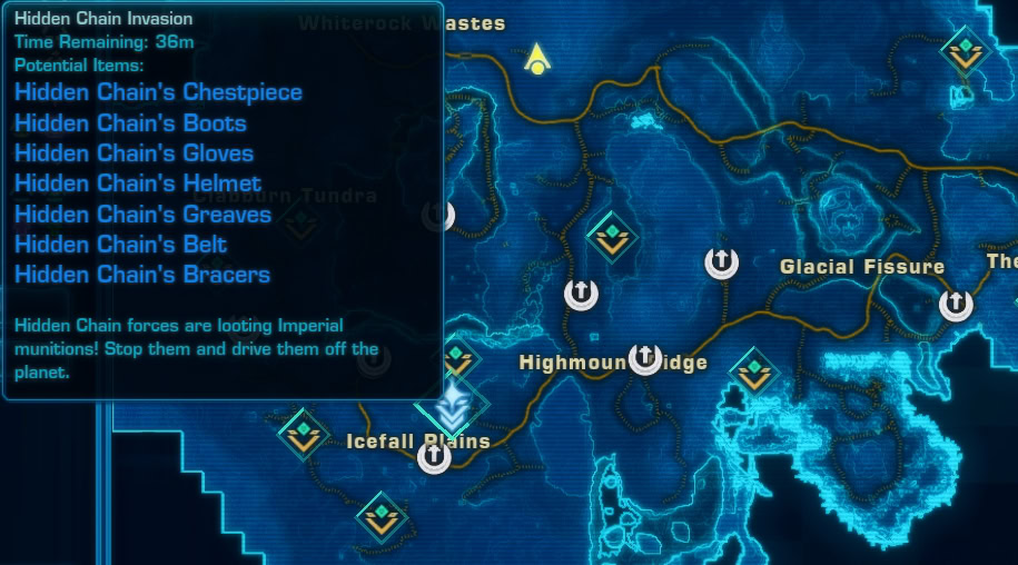 Dynamic Encounters markers displayed on the map of Hoth in SWTOR 7.6
