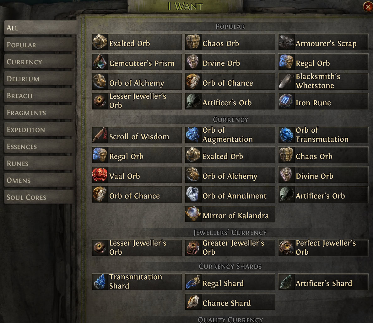 POE2 - Trading Currency Exchange Currency Select