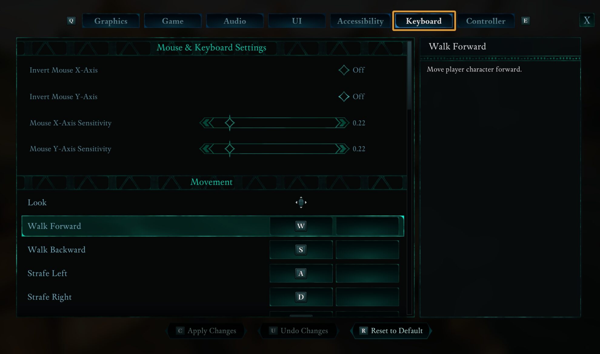 Avowed Keybind menu for PC Controls
