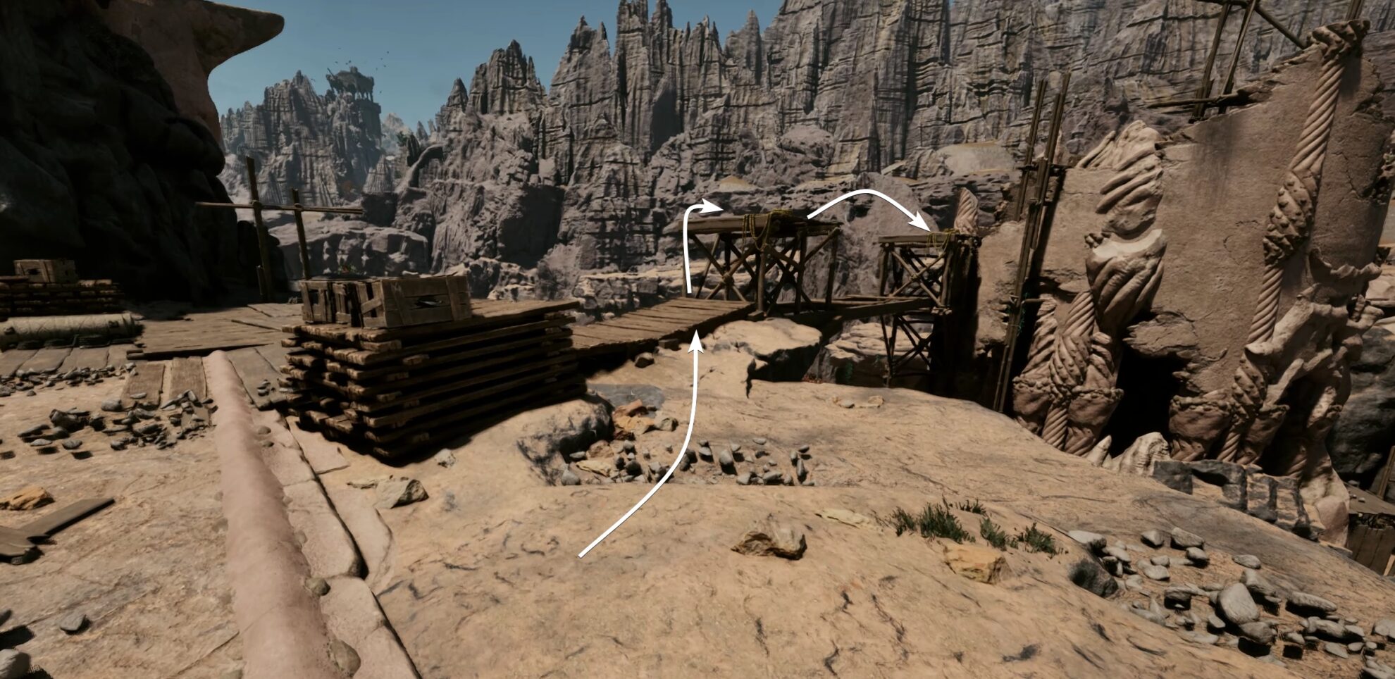 JUmp across the broken wooden bridge