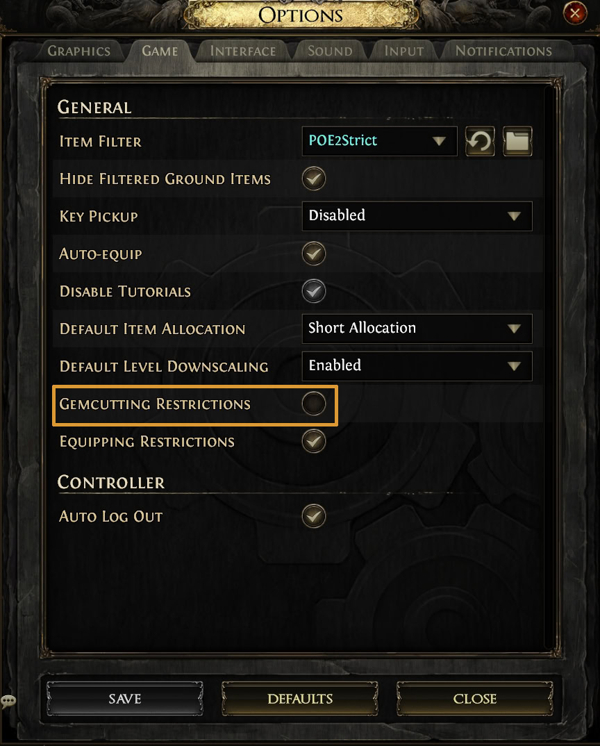 Gemcutting Restriction Setting