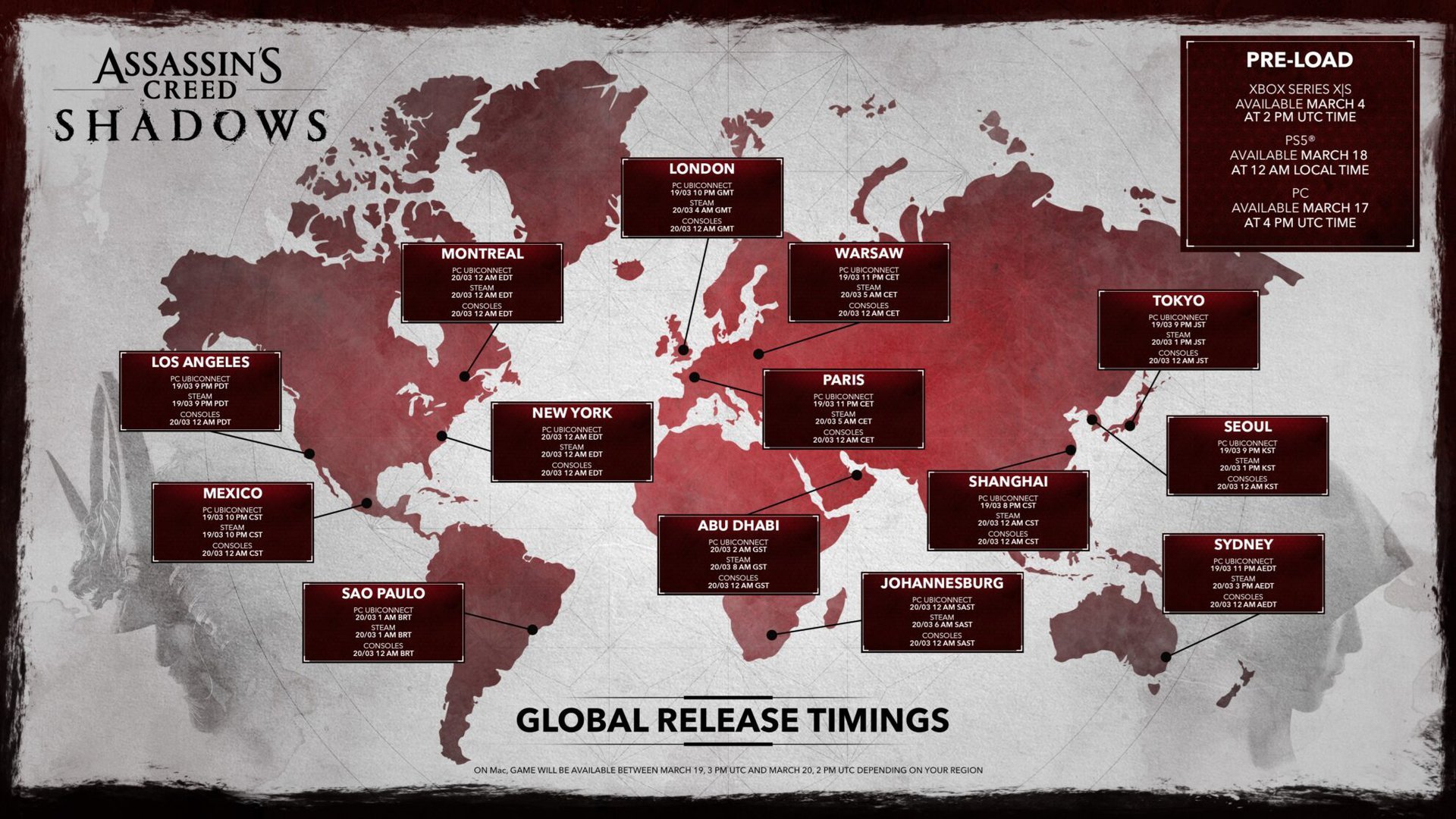 AC Shadows Launch Times map