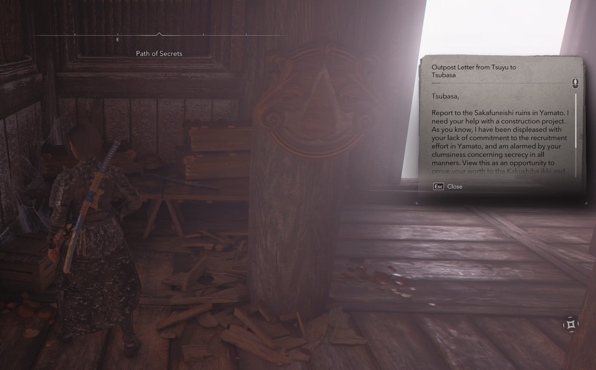Yamato Assassin Outpost letter from Tsuyu discovery