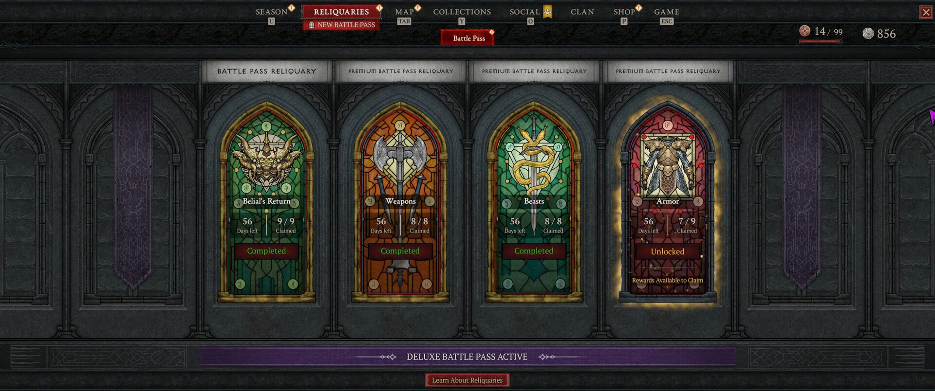 A full view of the Reliquary screen