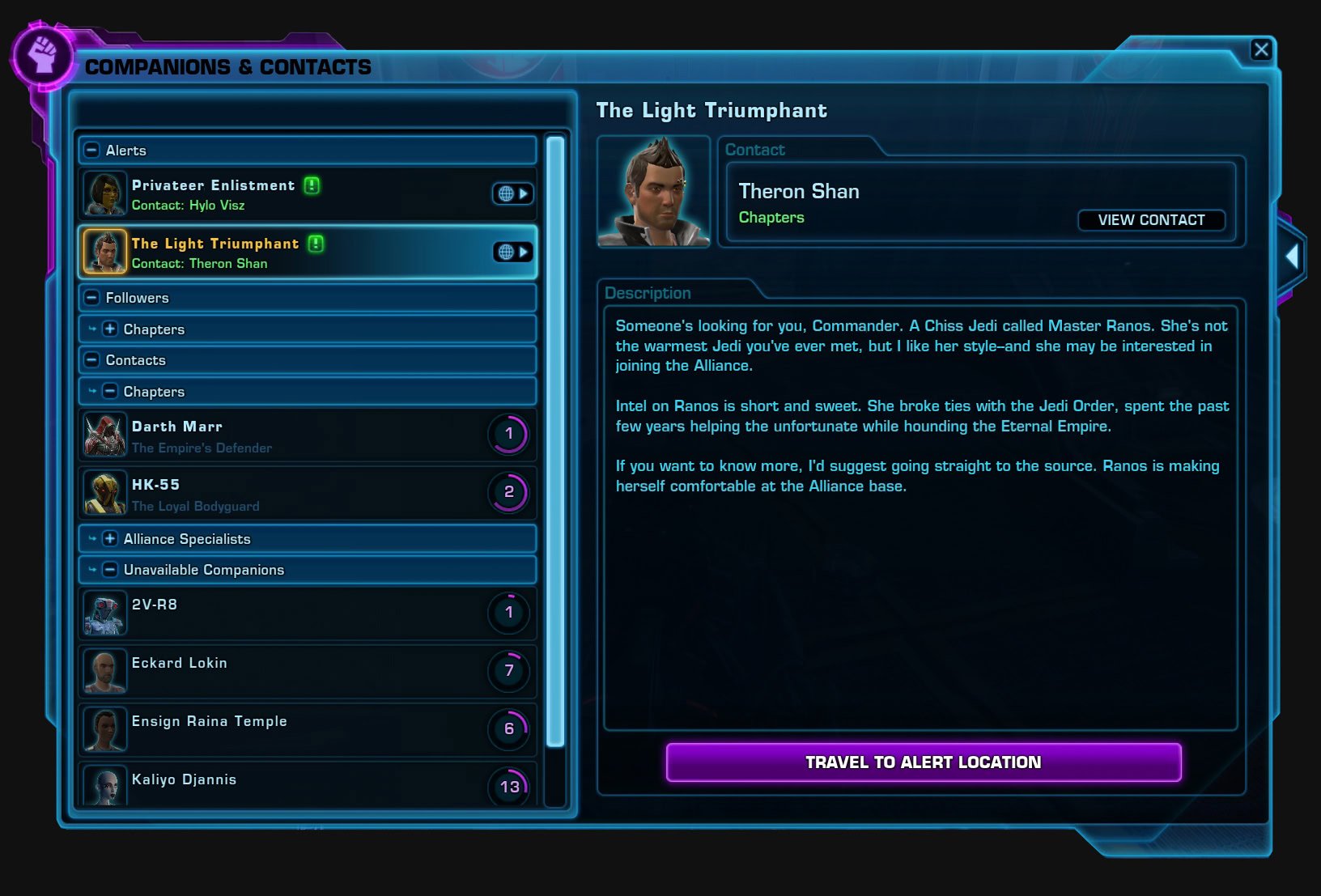 SWTOR Companions and Contacts window