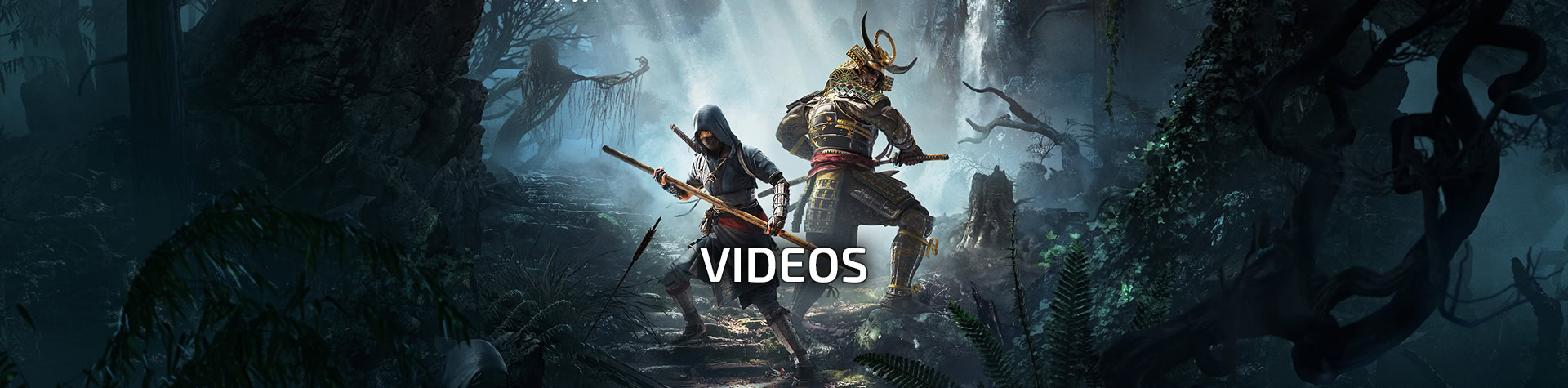 Naoe and Yasuke from Assassin's Creed Shadows with a large clear text reading "VIDEOS" in the middle