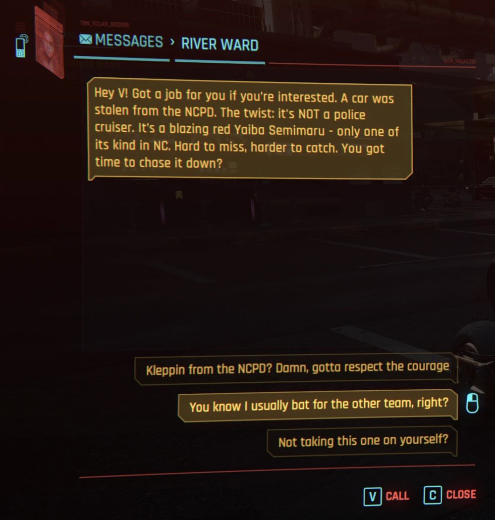 Cyberpunk 2077 Yaiba Seminaru River messsage