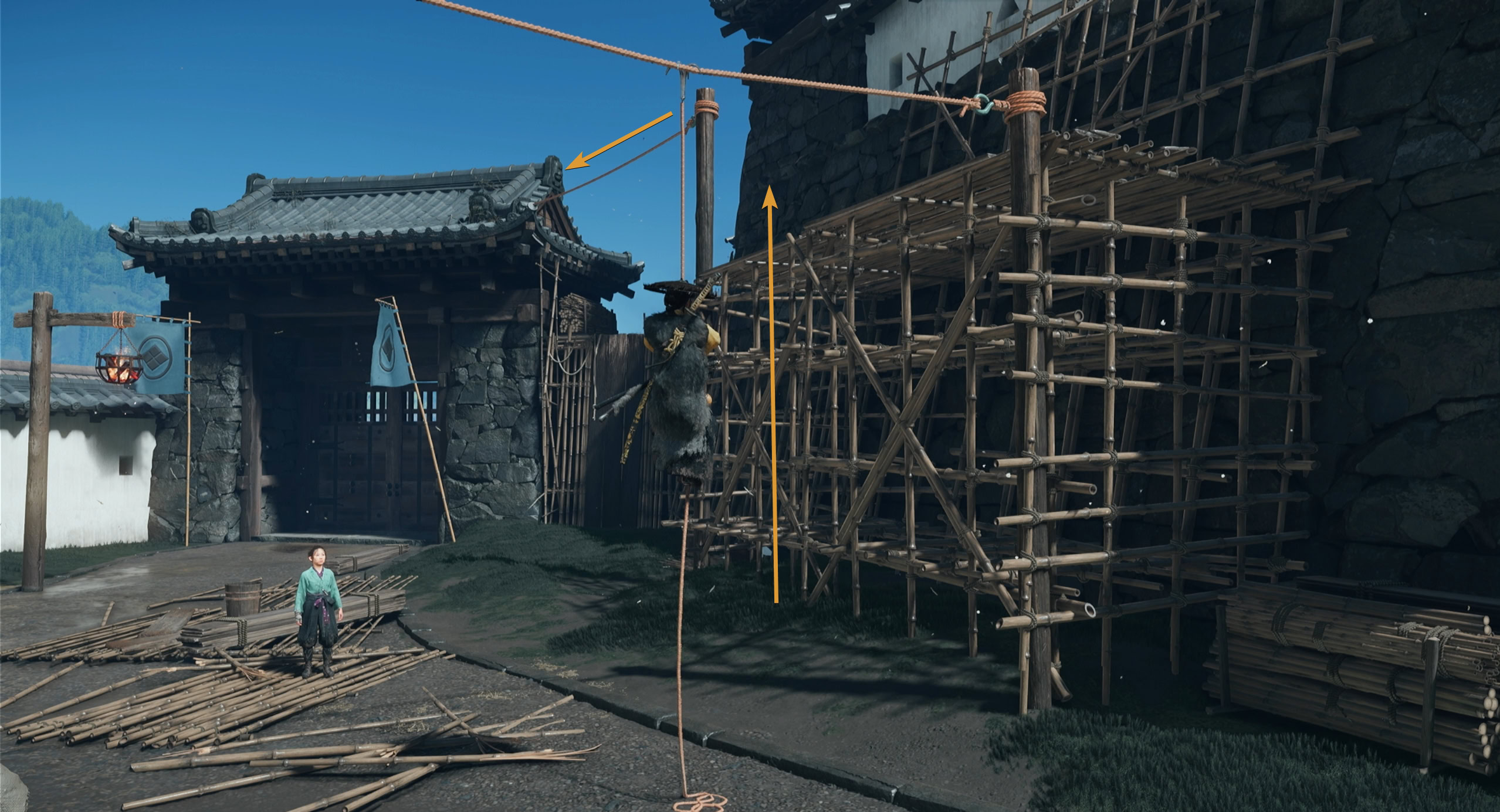 Climb up the rope to reach the scaffolding matsumae castle