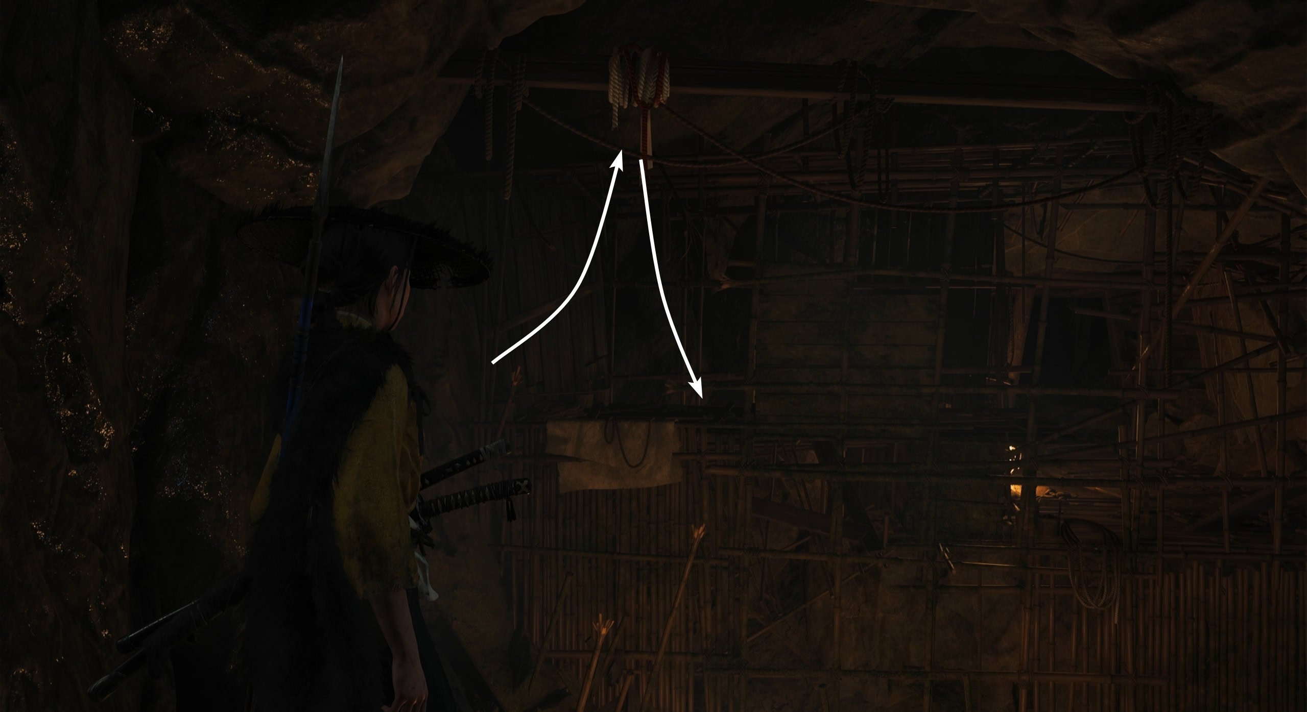 Swing across the support beam to reach the old scaffolding