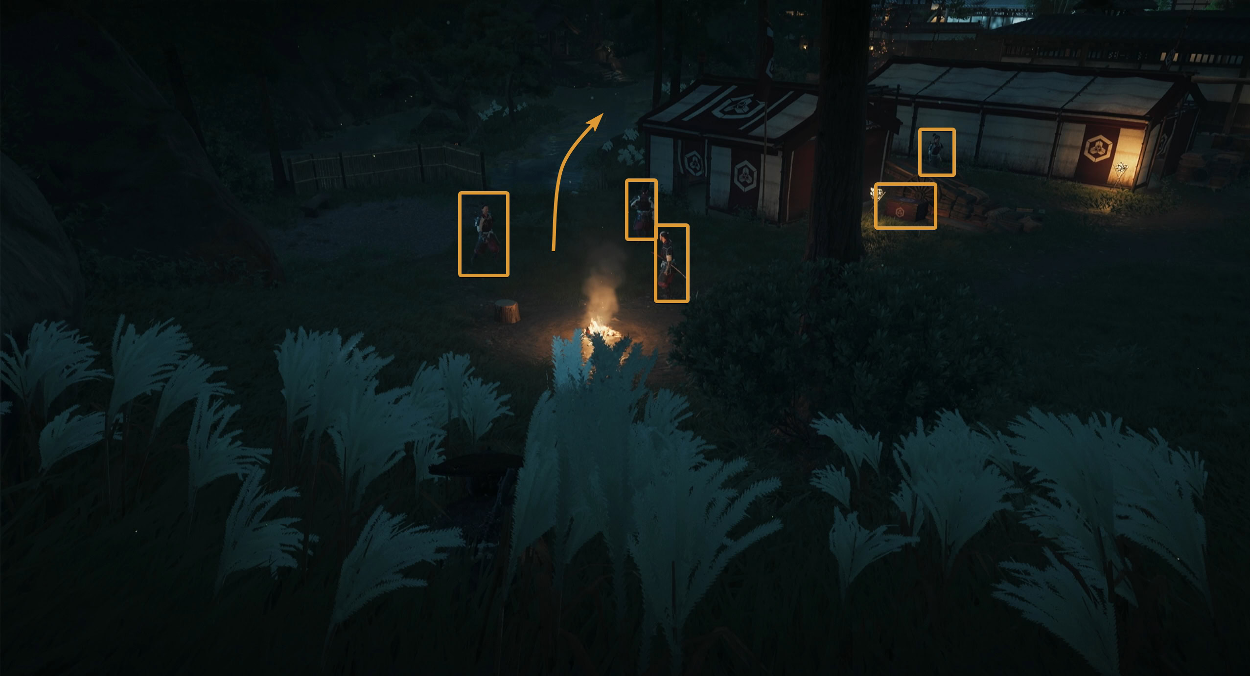 Three guards near campfire then go down water path