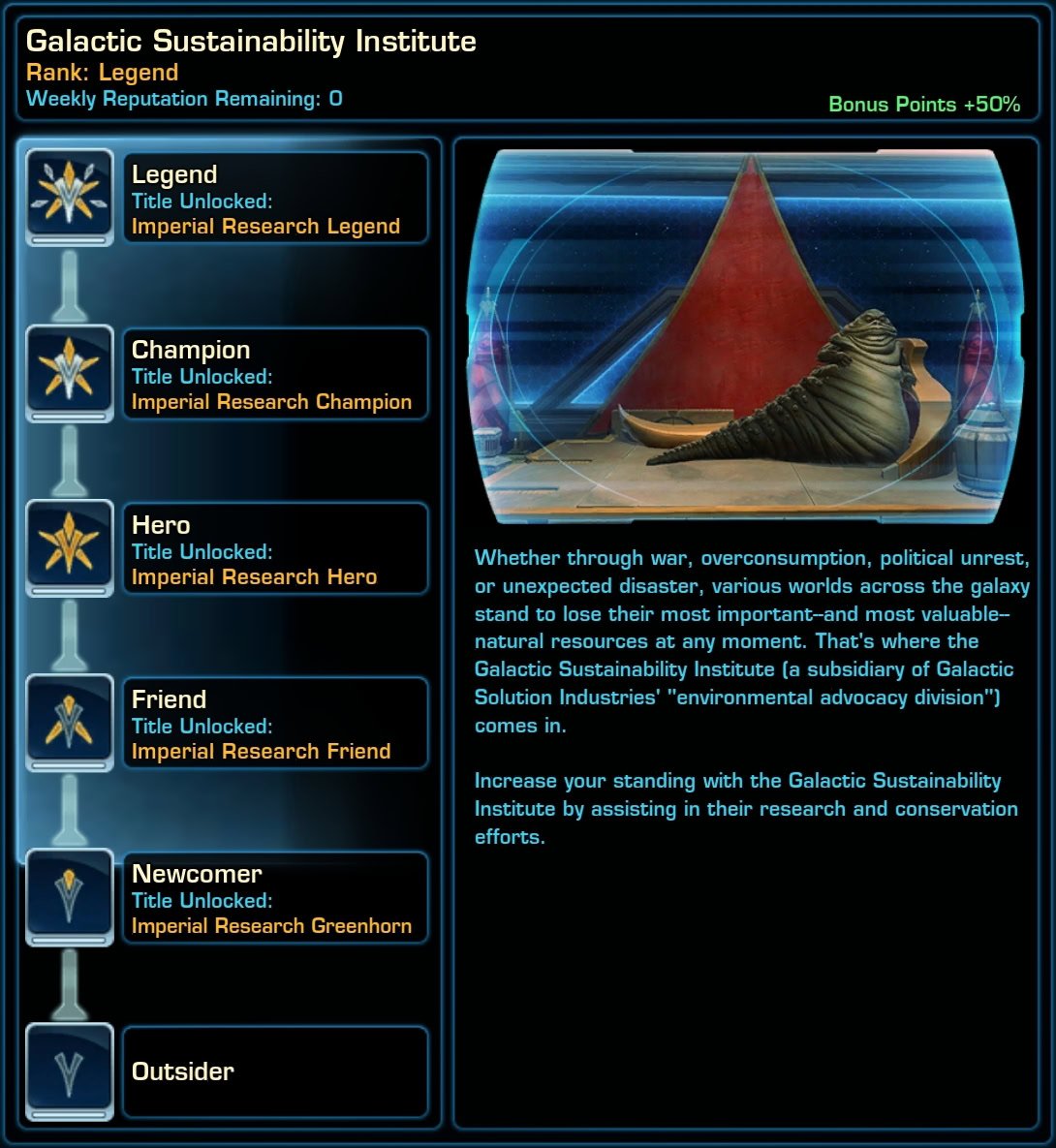 SWTOR Galactic Sustainability Institute Reputation Track Fully Maxed