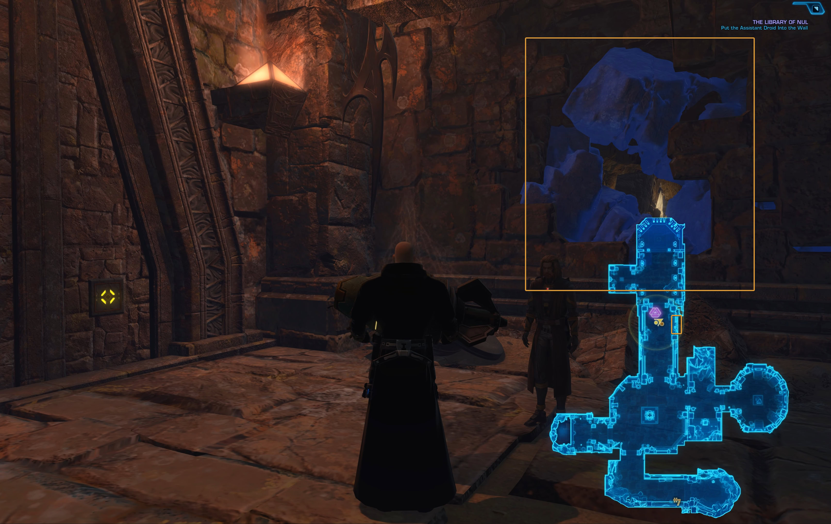 Bring the droid to the opening in the wall