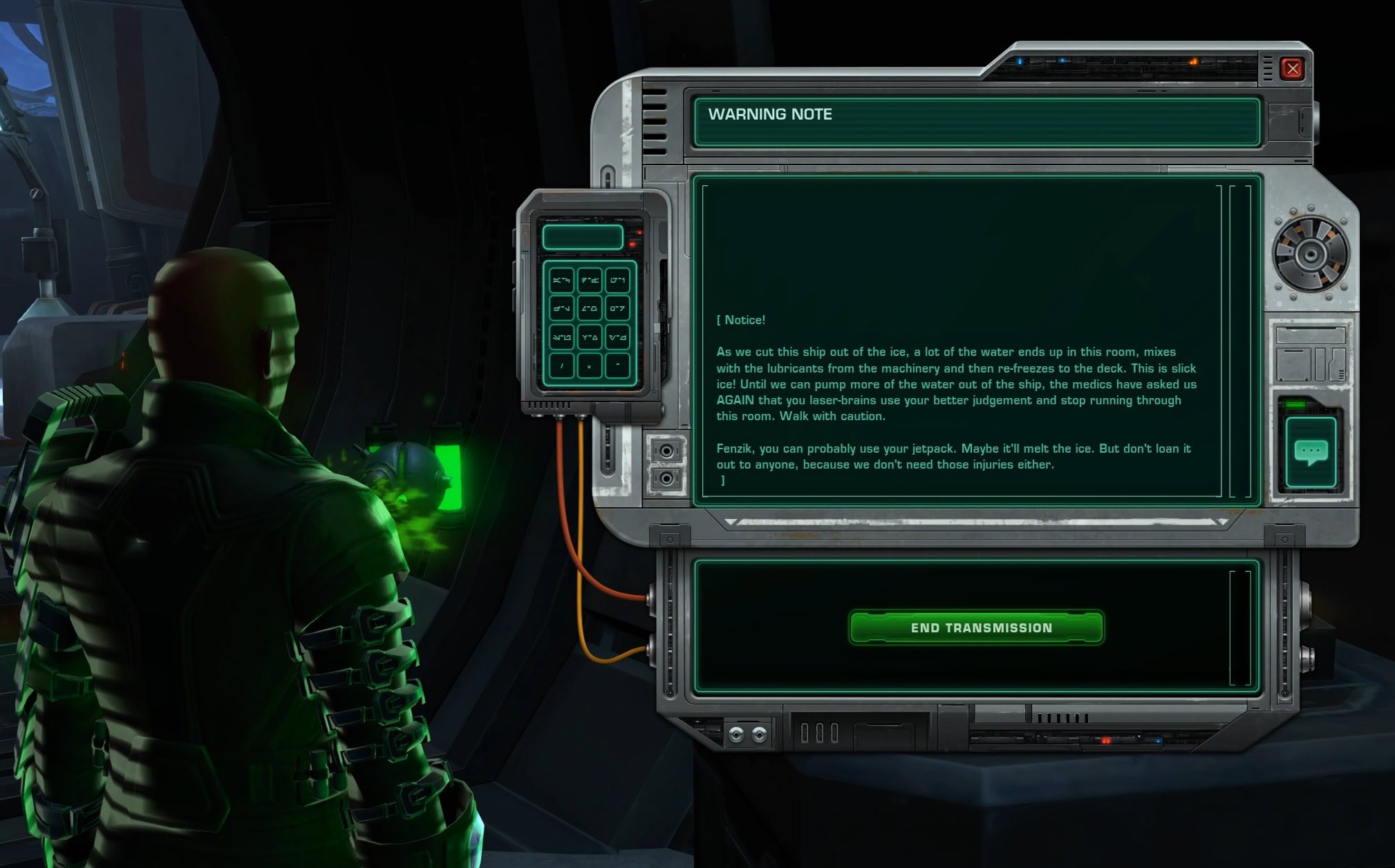 Datapad warning about slick snow