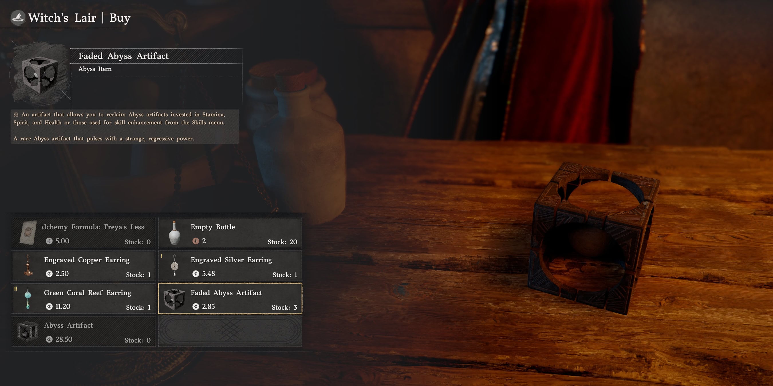 Elowen, the Red Witch vendor UI, Faded Artifact details